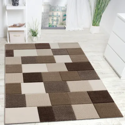 Produktbild von Designer Teppich Modern Handgearbeiteter Konturenschnitt Kariert Braun Beige Grösse 120x170 cm