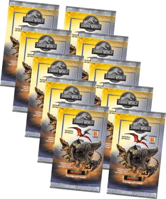 A collection of Jurassic World trading card booster packs.