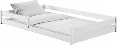 Produktbild von Kinderbett Bodenbett Bett mit Rausfallschutz & Lattenrost Montessori Bett Kinder Jugendbett Einzelbett optional mit Matratze | weiß Kiefer 120x200 cm