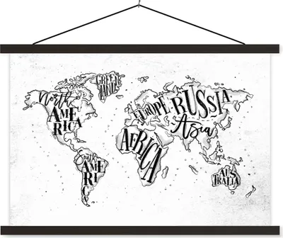 Produktbild von MuchoWow® Textilposter Weltkarte - Weiß - Schwarz 60x40 cm mit schwarzem Rahmen - Hölzernes