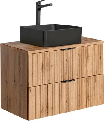 Produktbild von Waschtisch mit 80 cm Unterschrank Set Wotaneiche gerillt ADELAIDE-56 Keramik-Waschbecken schwarz, B/H/T 80,6/72,2/46,5 cm