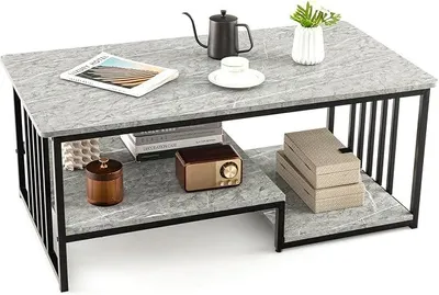 Obrázok produktu pre Konferenčný stolík s 2 odkladacími plochami, príkonferenčný stolík s vzhľadom mramoru a kovovou konštrukciou, 110 x 60 x 45 cm, obývačkový stolík, sivý