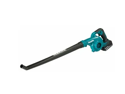 A teal and black Makita leaf blower is shown against a white background.