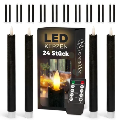Obrázek produktu pro LED tyčkové svíčky, 12 kusů, z pravého vosku, černé, s časovačem na 6 hodin, výška 23 cm, pro svíčky o průměru 2,2 cm, vyžadují 2 baterie AAA; LED tyčkové svíčky, sada 4 kusů, černé (šestkrát), s pohyblivým plamenem