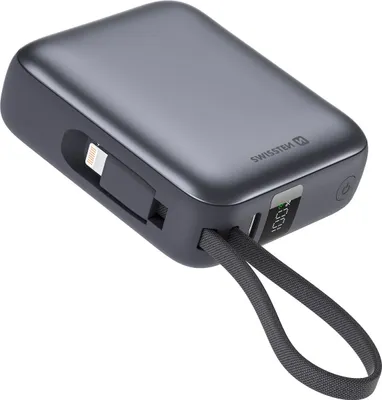 Immagine prodotto di Swissten, batteria esterna da 10000 mAh con cavo USB-C e Lightning ultracompatto, argento