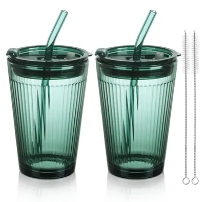 Productafbeelding van Groene Glasbeker met Rietje en Deksel - Set van 2 - 450 ml