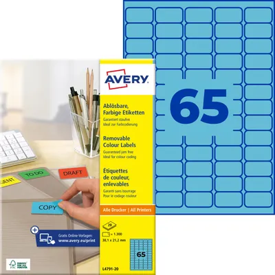 Produktbild von Avery Zweckform L4791-20, Farbige Etiketten, ablösbar, A4, 38,1 x 21,2 mm, 1.300 Etiketten / 20 Bögen, blau
