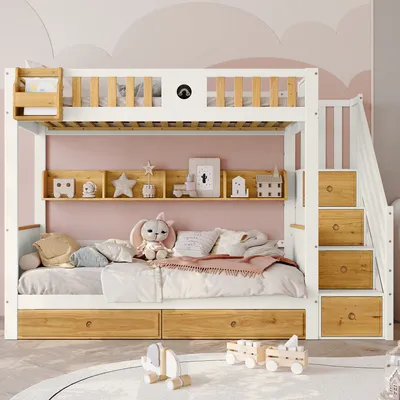 Produktbild von Flieks Etagenbett 90x200cm mit Rausfallschutz, Hochbett Kinderbett mit Treppe & Schubladen, Einzelbett Holzbett mit Ablagen & Lattenrost, Weiß