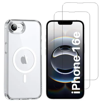 Produktbild von Hülle für iPhone 16e und 2 gehärtete Displayschutzfolien und 2 Kameraschutzfolien – integrierter Magnetring Phonillico®
