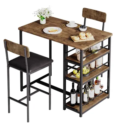 Immagine prodotto di Tavolo da pranzo salvaspazio - Tavolo da bar con sedie imbottite - 3 ripiani - Struttura in metallo - Piano in legno - Marrone
