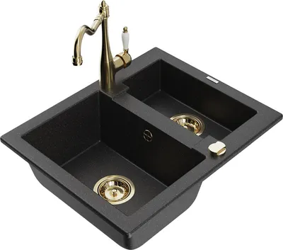 Produktbild von Mexen Carlos 1,5-Becken-Granitspüle mit Mischbatterie Carla, Schwarz/Silbermetallic - 6518-73-670700-50
