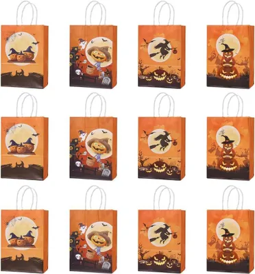 Image de Sacs en papier à motifs d'Halloween, 15 x 15 cm, lot de 12, avec anse, pour les fêtes
