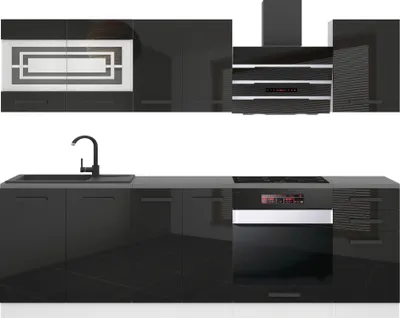 Produktbild von Belini Küchenzeile Küchenblock Margaret - Küchenmöbel 240 cm Einbauküche Vollausstattung ohne Elektrogeräten mit Hängeschränke und Unterschränke, mit Arbeitsplatten, Schwarz Hochglanz