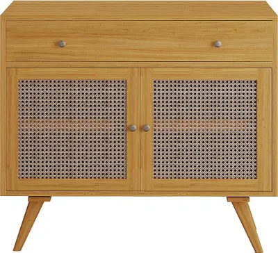 Produktbild von Waschbeckenunterschrank aus hellem Teakholz & Rohrgeflecht - 90 cm - MANSULAN