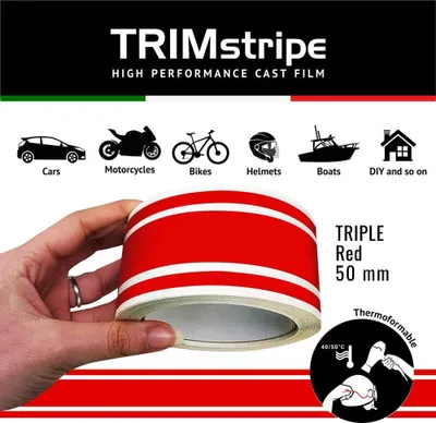 Immagine prodotto di Strisce adesive decorative per auto, a tre fili, rosse, 50 mm x 10 m