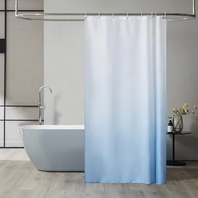 Zdjęcie produktu dla Zasłona prysznicowa tekstylna antypleśniowa wodoodporna biała jasnoniebieska 120x200cm z 8 pierścieniami do zasłony prysznicowej