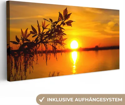 Zdjęcie produktu dla MuchoWow® - Obraz na płótnie - Zachód słońca - Woda - Rośliny - Pomarańczowy, fototapeta, dekoracja ścienna, obrazy do salonu, 80x40cm