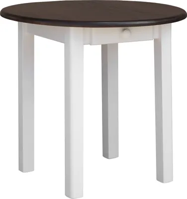 Obrázok produktu pre Biely okrúhly stôl so zásuvkou z masívneho borovicového dreva s doskou vo farbe orech 90 cm