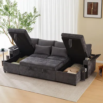 Zdjęcie produktu dla Sofa narożna Merax, 4-osobowa sofa w kształcie litery U, rozkładana sofa z funkcją spania, poduszki, zestaw wypoczynkowy, sofa szenilowa, szara
