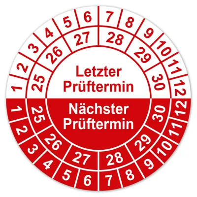 Prüfplaketten 30 mm, 2025-2030, 50 Stück, rot, selbstklebend, wasserfest