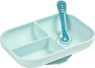 Produktbild von Geteilter Silikonteller + Löffel 2. Altersstufe - blau