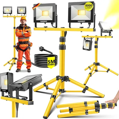 A collage of images showcasing a yellow LED work light with a tripod stand, a person in construction attire, and various components of the light.
