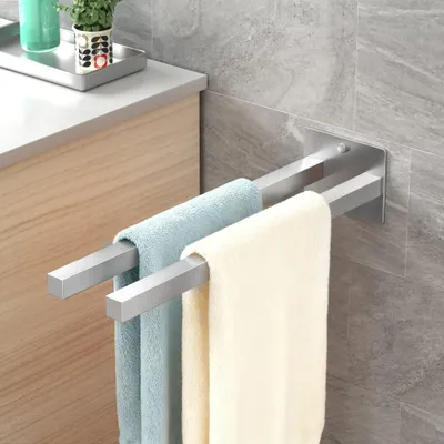 Image de Porte-serviettes sans perçage / avec perçage, barre en acier inoxydable SUS304, mural pour salle de bains et cuisine, porte-serviettes double, 38 cm