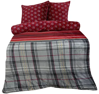 Produktbild von Teddyplüsch Mikrofaser Bettwäscheset 135x200 cm Rot Grau Anthrazit Sterne Streifen mit Reißverschluss
