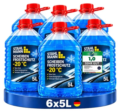 Produktbild von STAHLMANN® Scheibenfrostschutz -20 Grad [6x5 L] Frostschutzmittel für die Scheibenwaschanlage, unverdünnt bis -20 °C, streifenfrei klare Sicht, löst Eis, Salz und Insekten, Großpack für Flotte, Transporter und LKW