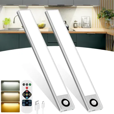 Produktbild von LED-Unterbauleuchten – Set für Schranklampen – zur Raumbeleuchtung – mit Fernbedienung – 30 cm – weiß