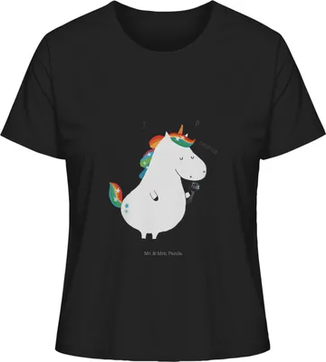 Produktbild von Mr. & Mrs. Panda Damen Kurzarmshirt Einhorn Sänger Größe L - Schwarz - Geschenk, Unicorn, Glitzer, T-Shirt, Basic Shirt, Oberteil, für Frauen, Freundin, Fest, Geburtstag