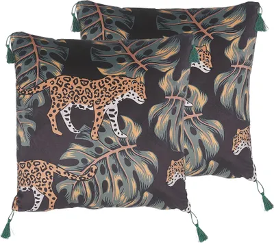 Produktbild von BELIANI Dekokissen 2er Set Schwarz u. Grün Stoffbezug mit Füllung 45x45 cm Quadratisch Quasten Tiermotiv Deko Wohnzimmer Schlafzimmer Sofakissen
