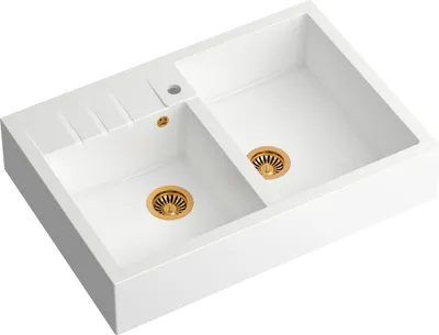 Produktbild von QUADRON Spülbecken 2-Becken Spüle | Größe: 90 x 62 x 20,5 cm | BILL 120 | Granitspüle aus GraniteQ mit Siphon | Weiß + Kupfer PVD