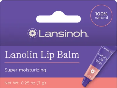 The image shows the packaging of Lansinoh Lanolin Lip Balm.