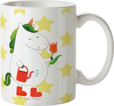 Produktbild von Mr. & Mrs. Panda Becher Einhorn Gärtner - Weiß - Geschenk, Bedruckte Tasse, Keramikbecher, Gießkanne, Stiefel, Einhörner, Unicorn, Garten, Kaffeetasse, Teetasse, haferl
