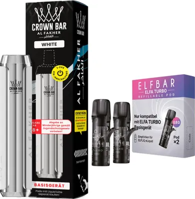 Obrázek produktu pro Al Fakher Crown Bar 600 Pod Kit bílý – 500 mAh mod včetně 2 prázdných podů 0,8 ohmu, USB-C, 2ml pod systém, DTL a MTL, dobíjecí, bez e-liquidu