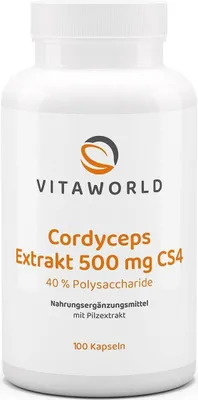 Produktbild von Vitaworld Cordyceps Extrakt 500 mg CS4 | 100 Kapseln | 40% Polysaccharide | Chinesischer Raupenpilz | vegan