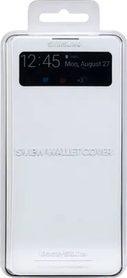 A white Samsung S View Wallet Cover for a Galaxy S10 Lite is shown in its clear plastic packaging.