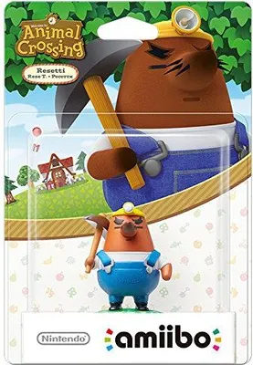 A packaged Nintendo Amiibo figure of Resetti from Animal Crossing, with a background depicting a scene from the game.