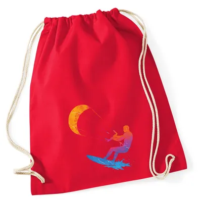 Produktbild von Huuraa Turnbeutel Kitesurfen bunte Silhouette 12 Liter Classic Red Baumwolle Rucksack Geschenkidee