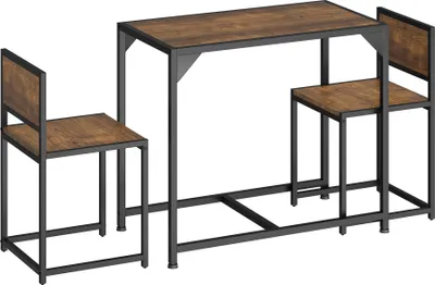 A three-piece dining set with a table and two stools, presented against a white background.
