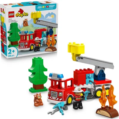 Produktbild von LEGO DUPLO Town Löschauto mit Schlauch und Feuerwehrmann- Lernspielzeug für Motorik - Rotes Feuerwehrauto mit Leiter, Figur und Eichhörnchen - Geschenk für Jungen und Mädchen ab 2 Jahren - 10473