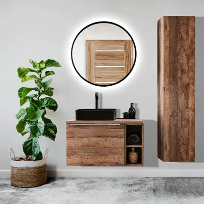 Produktbild von Badezimmermöbel Set in Vintage Oak Eiche PUEBLA-56 Spiegel mit LED-Beleuchtung, B/H/T 130/200/46 cm