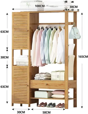 Produktbild von WAOHO Kleiderschrank Garderobenständer Bambus, Mit 2 Schränken,Halboffener Kleiderständer，freistehende Kleiderständer, Natürliche Farbe165X100X30CM