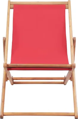A front view of a red deck chair made of wood and fabric.