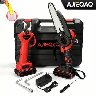 Produktbild von AJIEQAQ Akku Astschere Set 2-in-1, 21V Brushless Gartenschere mit Mini Akku Kettensäge 6 Zoll, 25mm SK5 Klinge, 2×1500mAh Akkus, Koffer