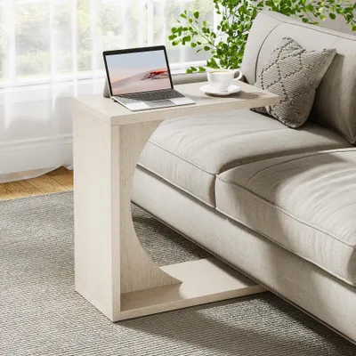 Produktbild von Tribesigns C-förmiger Beistelltisch für Sofa, kleiner Nachttisch für Couch, Nachttisch aus Holz Wohnzimmer, Schlafzimmer, Laptop-Arbeitsplatz, Beige