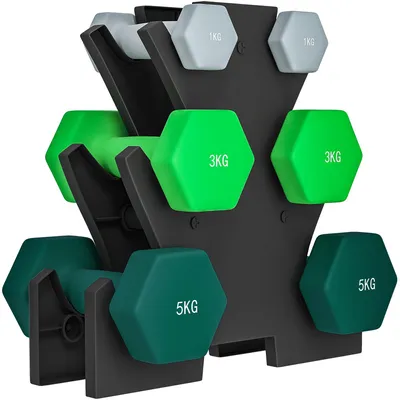 Produktbild von Hantelset mit Aufbewahrungsgestell, Set mit 6 Hanteln für Fitness-Training, 2 x 1kg, 2 x 3kg, 2 x 5kg