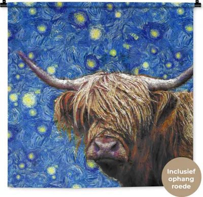 Produktbild von MuchoWow® Wandteppich Wandbehang Van Gogh - Sternennacht - Schottisches Hochlandrind 90x90 cm Tapisserie Dekoration Wandtuch - Wandaufhänger