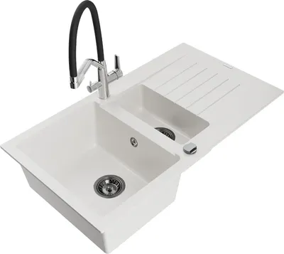Produktbild von Mexen Matias 1,5-Becken-Granitspüle mit Abtropffläche und Mischbatterie Duo, Weiß - 6502-20-671701-07-B